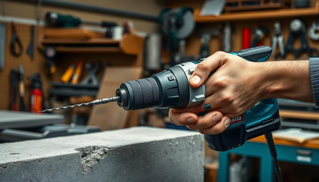 A well-lit, detailed scene showcasing the proper usage of a Makita hammer drill. In the foreground, a person's hands grip the drill firmly, their fingers poised on the trigger and auxiliary handle. The drill's robust body and powerful motor are prominently featured, giving a sense of its rugged construction and capability. In the middle ground, the drill is being used to effortlessly bore through a solid concrete surface, with the hammer mechanism clearly visible. The background depicts a professional workshop setting, with tools and equipment neatly organized, conveying an atmosphere of precision and efficiency. The lighting is crisp and even, highlighting the drill's sleek design and the user's confident handling of the powerful tool.