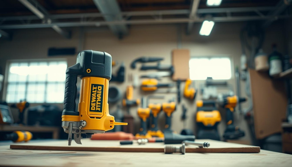 A well-lit, detailed shot of a DEWALT 972 power tool in a workshop setting. The device is prominently displayed in the foreground, with a crisp, sharp focus highlighting its sturdy construction and sleek, modern design. The middle ground showcases various other DEWALT tools and accessories, suggesting the tool's compatibility and integration within a professional worksite. The background is softly blurred, creating a sense of depth and emphasizing the subject. The lighting is a balanced combination of natural and artificial sources, casting subtle shadows that accentuate the tool's contours and textures. The overall mood is one of reliability, efficiency, and a high-quality, premium aesthetic befitting a DEWALT product.