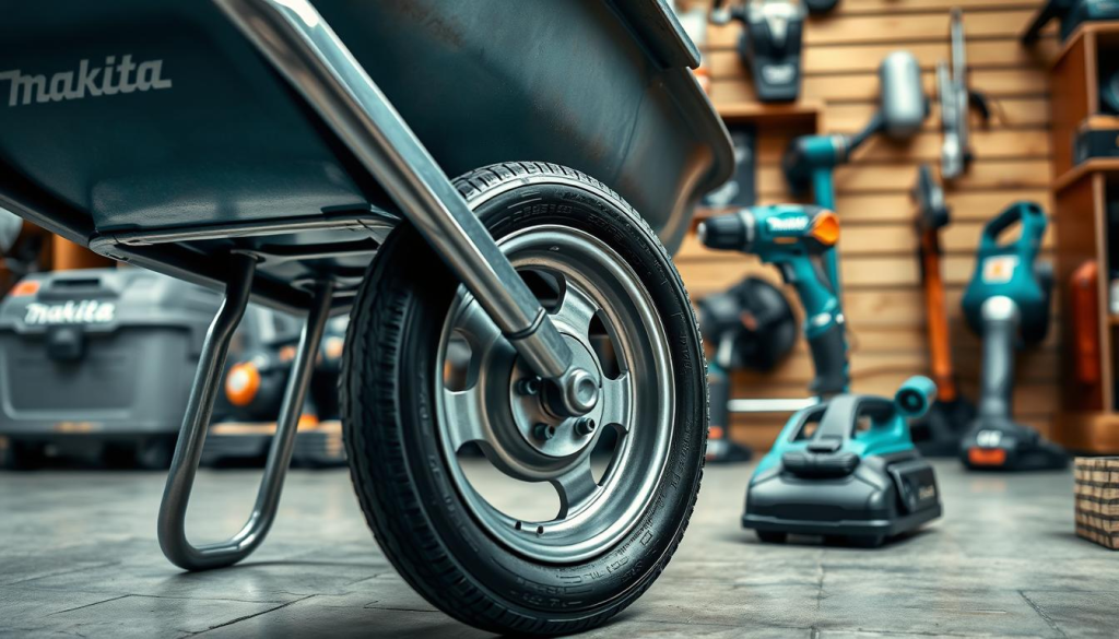 A well-lit, detailed shot of a Makita wheelbarrow undergoing maintenance. In the foreground, the wheelbarrow's metal frame is prominently displayed, showcasing its sturdy construction. The middle ground focuses on the wheel assembly, with the tire being carefully inspected and the axle lubricated. In the background, a variety of Makita power tools, including a cordless drill and a leaf blower, are neatly arranged, suggesting a well-equipped workshop. The lighting is soft and directional, highlighting the metallic surfaces and creating a sense of professionalism and attention to detail. The overall atmosphere conveys a peaceful, organized, and methodical approach to maintaining the Makita wheelbarrow for reliable and long-lasting performance.