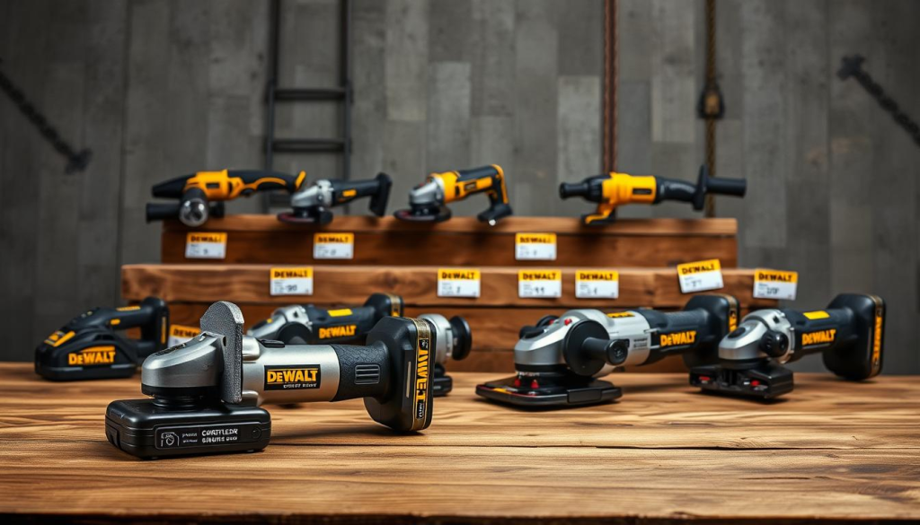 A well-lit, detailed shot of a wooden table displaying various DEWALT grinder models, their pricing options, and technical specifications. In the foreground, the latest cordless DEWALT grinder model is prominently featured, its metallic body gleaming under the soft studio lighting. In the middle ground, a range of corded DEWALT grinders in different sizes and power capacities are neatly arranged, their price tags clearly visible. The background showcases the DEWALT brand's signature industrial aesthetic, with a backdrop of concrete or metal textures to complement the tools' rugged design. The overall composition conveys the idea of a comprehensive, high-quality DEWALT grinder lineup catering to diverse user needs and budgets.