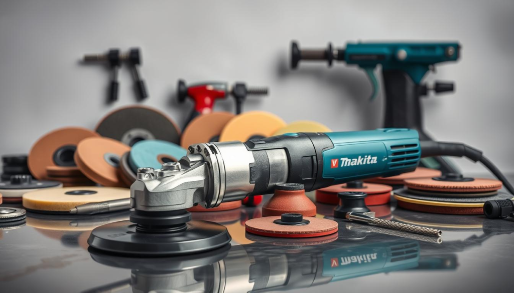 A well-lit, detailed still-life composition of precision grinding tools. In the foreground, a Makita die grinder with a high-speed rotary bit, its metallic body and ergonomic handle gleaming under bright studio lighting. Surrounding it, an assortment of grinding discs, sanding pads, and polishing accessories arranged neatly on a reflective surface. In the middle ground, a sturdy workbench with clamps and a vise, hinting at the versatile applications of these precision tools. In the background, the scene is framed by a neutral gray or white backdrop, allowing the tools to take center stage and showcasing their technical, industrial aesthetic.