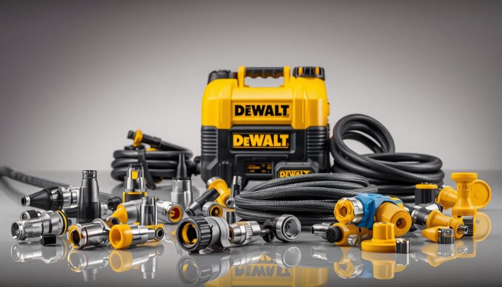 A well-lit, detailed still life composition showcasing a variety of DEWALT battery-powered sprayer accessories. In the foreground, an assortment of nozzles, hoses, and attachments are artfully arranged on a reflective surface, their metallic and plastic textures catching the light. In the middle ground, the main DEWALT sprayer unit sits prominently, its sleek design and bold branding clearly visible. The background features a clean, minimalist setting, allowing the tools to be the focal point. The overall lighting is soft and even, creating a sense of quality and professionalism. The composition is balanced and visually appealing, highlighting the essential accessories for the DEWALT Yard Sprayer.