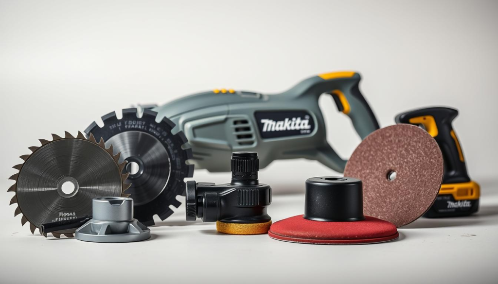 A well-lit, detailed still life composition showcasing an assortment of Makita Flipper attachments. The foreground features the various accessories arranged artfully, including a circular saw blade, a right-angle attachment, and a sanding pad. The middle ground depicts the Makita Flipper power tool itself, its sleek gray and yellow design contrasting against a neutral background. Soft, directional lighting casts subtle shadows, emphasizing the textures and forms of the tools. The overall mood is one of precision, functionality, and the versatility of the Makita Flipper system.