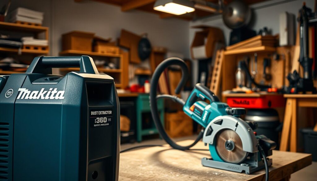 A well-lit, detailed view of a Makita dust extractor setup. In the foreground, the dust extractor unit with its sleek, robust design, controls, and hose connection points. In the middle ground, a Makita power tool, such as a circular saw or angle grinder, connected to the extractor via a flexible hose. The background showcases a clean, organized workshop environment with shelves, tools, and other Makita equipment, all bathed in a warm, professional lighting setup. The scene conveys the efficiency and seamless integration of the Makita dust extractor system, highlighting its essential role in maintaining a safe and productive work area.