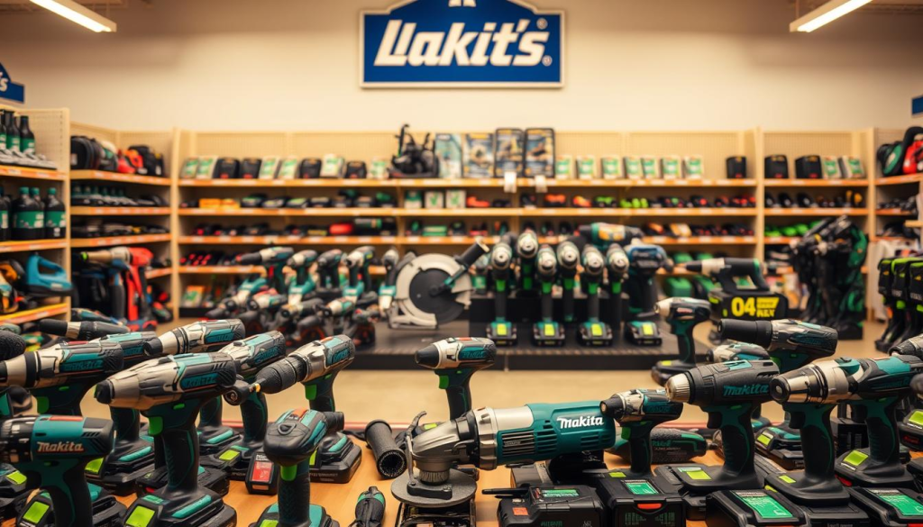 A well-lit display at Lowe's, showcasing an array of Makita power tools. The foreground features a variety of cordless drills, impact drivers, and grinders, their sleek designs and vibrant green accents drawing the eye. In the middle ground, a selection of larger power saws and rotary hammers stands ready for DIY and professional tasks. The background frames the scene with neatly organized shelves, creating a sense of depth and order. Warm, directional lighting casts subtle shadows, enhancing the tools' contours and textures. The overall atmosphere conveys the reliability, precision, and versatility of the Makita brand, inviting the viewer to explore the range of products available at Lowe's.