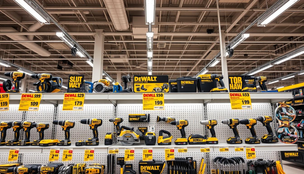A well-lit display of DEWALT power tools on shelves, showcasing a range of discounted products from the brand. The foreground features a selection of DEWALT drills, saws, and sanders with prominent price tags indicating significant savings. The middle ground showcases DEWALT accessories and hand tools, also discounted, while the background depicts the interior of a major hardware store, with clean lines, neutral colors, and modern fixtures creating a professional, retail-focused atmosphere. The lighting is warm and directional, highlighting the tool's features and emphasizing the discounted prices.