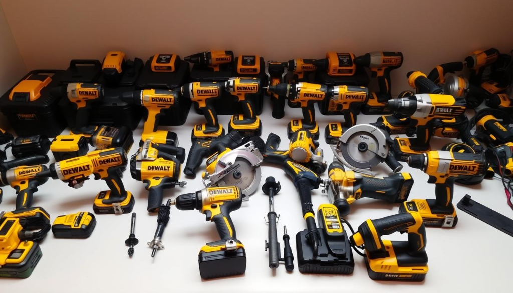 A well-lit display of a variety of used DEWALT power tools, including cordless drills, circular saws, impact drivers, and more, arranged neatly against a plain background. The tools should appear gently used, with minor signs of wear, showcasing their durability and reliability. Capture the tools from a slightly elevated angle, creating a sense of depth and showcasing the range of products available. Use a warm, natural lighting setup that highlights the tools' features and conveys a sense of trustworthiness and value.
