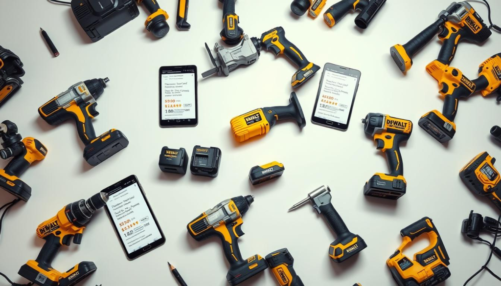 A well-lit e-commerce product display showcasing a selection of DEWALT power tools, including cordless drills, saws, and sanders, laid out on a clean white background. The tools are arranged in an eye-catching, visually appealing manner, highlighting their quality construction and attention to detail. The scene is captured from a slightly elevated angle, creating a sense of depth and emphasizing the competitive pricing information visible on the Amazon product pages displayed on various digital devices surrounding the tools. The overall atmosphere conveys a sense of consumer confidence, market transparency, and the value proposition of DEWALT tools on the online retail platform.