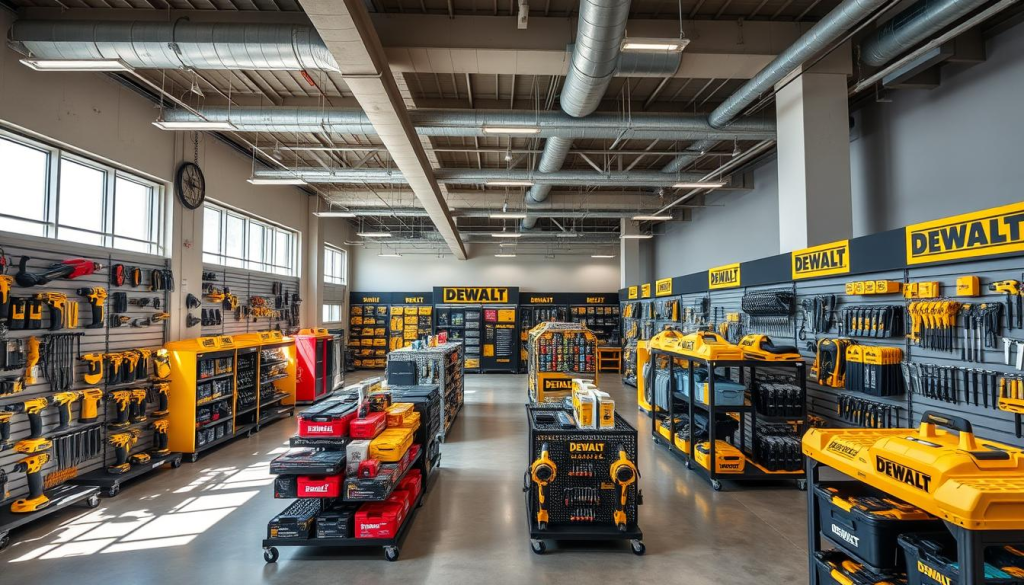 A well-lit, expansive DEWALT tools store interior, showcasing a wide array of power tools, hand tools, and accessories neatly arranged on shelves and display racks. The store has a modern, industrial aesthetic with concrete floors, exposed beams, and large windows that allow natural light to flood the space. The aisles are spacious, allowing customers to browse comfortably. The merchandise is organized by category, making it easy to find the specific DEWALT products needed. The overall atmosphere is one of professionalism, quality, and attention to detail, reflecting the DEWALT brand's reputation for durability and reliability.