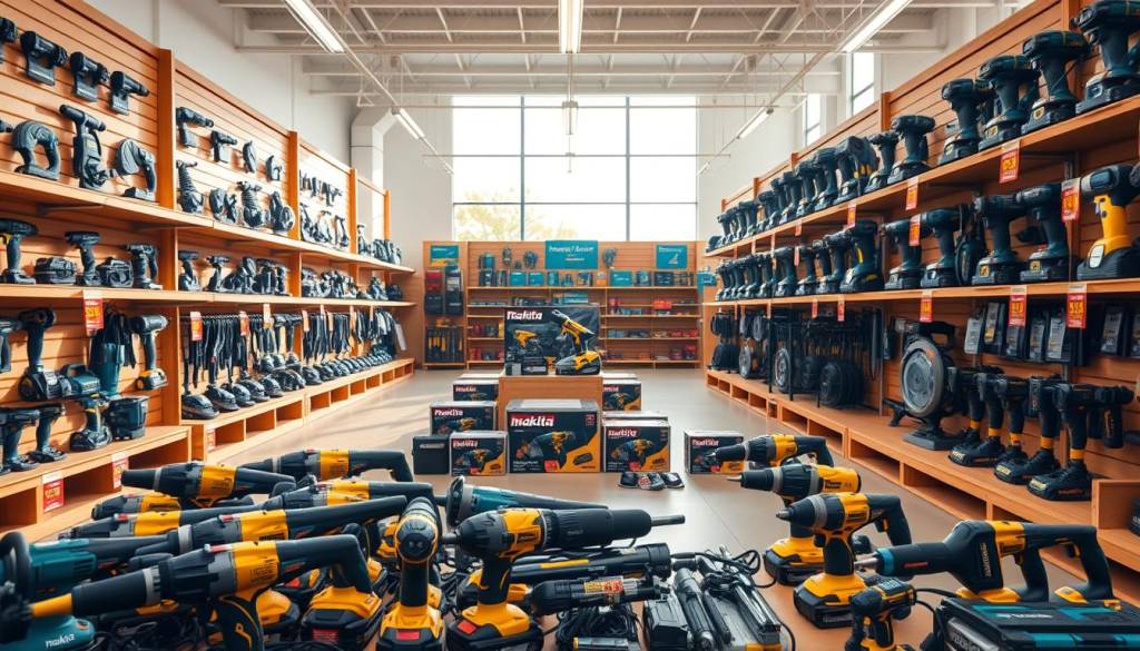 A well-lit, expansive hardware store showroom, with rows of Makita power tools prominently displayed on wooden shelves and metal racks. The scene is bathed in warm, natural lighting from large windows, casting a pleasant glow on the tools. In the foreground, a collection of Makita drills, saws, and sanders are arranged in an eye-catching layout, their vibrant yellow and black color scheme complementing the overall aesthetic. In the middle ground, various Makita tool kits and accessory bundles are showcased, each tagged with prominent "Sale" and "Discount" signs. The background features a clean, minimalist interior design, allowing the tools to take center stage and their quality to shine. An atmosphere of quality, value, and professional-grade performance permeates the scene.