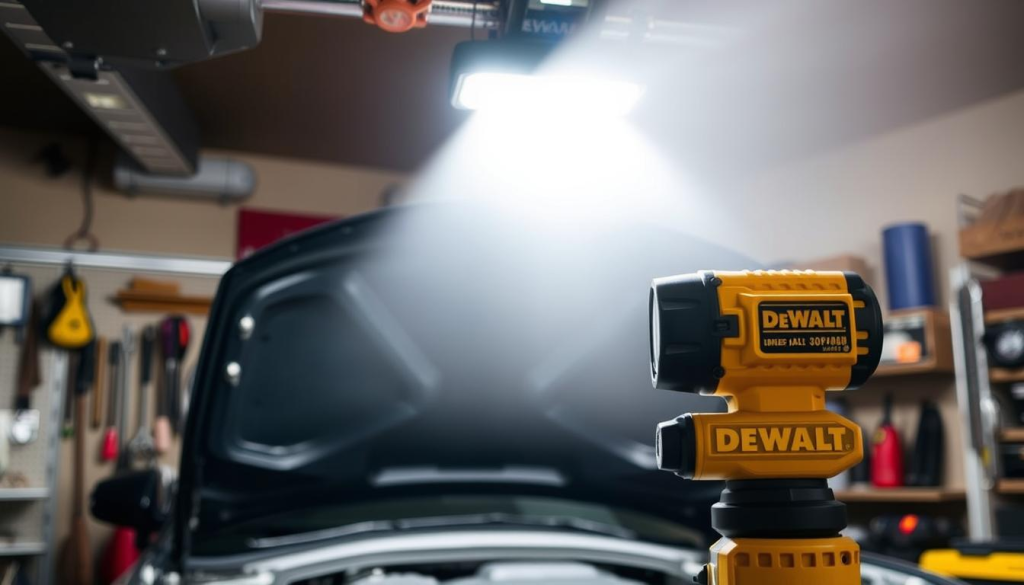 A well-lit garage workspace with a DEWALT underhood light mounted overhead, casting a bright, even illumination across the engine bay. In the foreground, a competitor's underhood light is set up for comparison, its beam visibly less powerful and focused. The DEWALT light's sleek, rugged design stands out, while the background showcases various automotive tools and equipment, creating an authentic, workshop-like atmosphere. The lighting and composition highlight the superior performance and quality of the DEWALT underhood light solution.