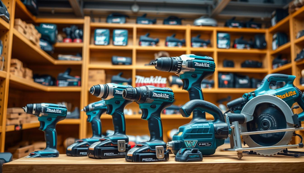 A well-lit hardware store display showcasing an assortment of premium Makita power tools, including cordless drills, impact drivers, and circular saws, arranged with care against a backdrop of warm wooden shelves. The tools are captured at an angle to emphasize their sleek, ergonomic designs, their metallic finishes gleaming under the gentle studio lighting. The overall scene conveys a sense of quality, durability, and exceptional value, inviting the viewer to imagine the possibilities of these versatile, high-performance Makita tools.
