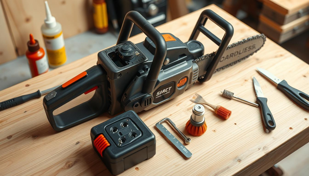 A well-lit, high-angle close-up shot of a mini cordless chainsaw on a clean, wooden workbench. The chainsaw is disassembled, with various maintenance tools like screwdrivers, lubricating oil, and cleaning brushes arranged neatly around it. The scene conveys a sense of precision and attention to detail, with the chainsaw's internal components clearly visible. The lighting is soft and even, accentuating the textures and colors of the saw and its parts. The background is slightly blurred, keeping the focus on the maintenance process. An atmosphere of diligence and care pervades the image, reflecting the importance of proper upkeep for this compact, powerful tool.