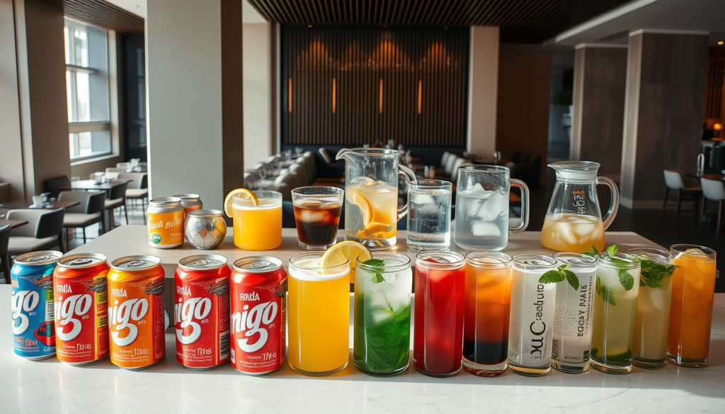 A well-lit, high-angle photograph showcasing an assortment of beverages at the Mikata Buffet. In the foreground, a variety of colorful soda cans, juices, and iced teas are neatly arranged on a clean, polished surface. In the middle ground, a selection of glass pitchers filled with refreshing lemonade, iced coffee, and infused waters create a visually appealing display. The background features the Mikata Buffet's sleek, modern decor, with clean lines and natural lighting flooding the scene. The overall atmosphere is one of inviting refreshment, perfectly capturing the beverage choices available to diners at this renowned establishment.