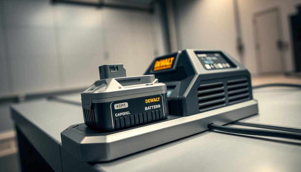 A well-lit, high-angle shot of a DEWALT cordless power tool battery on a sleek, modern charging station. The battery is positioned prominently in the foreground, its metallic casing and terminals clearly visible. In the middle ground, the charging dock's LED status indicators and cooling vents are in focus, conveying the technical aspects of the charging process. The background features a minimalist, industrial-chic setting with clean lines and neutral tones, creating a sense of efficiency and professionalism. Soft, diffused lighting highlights the various surfaces and textures, and a shallow depth of field isolates the key elements. The overall mood is one of precision, reliability, and maximized battery performance.