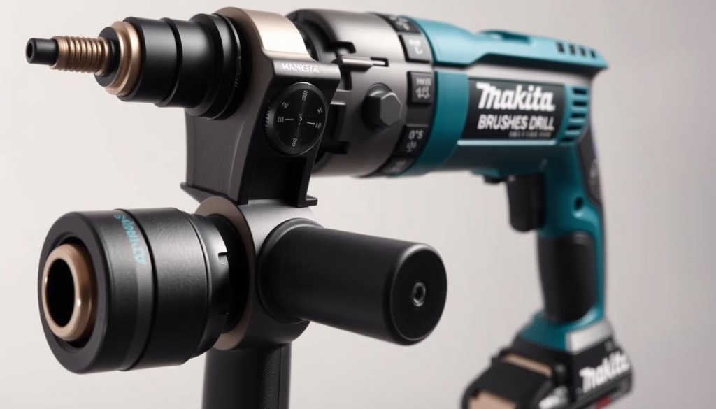 A well-lit, high-angle shot of a Makita hammer drill, showcasing its key features. The drill's sleek, black body dominates the foreground, with its metal chuck and brushless motor prominently displayed. In the middle ground, the drill's ergonomic handle, trigger, and speed/mode selector dials are visible, highlighting the tool's intuitive controls. The background subtly fades into a clean, minimalist setting, allowing the drill's technical details to take center stage. The image conveys a sense of power, precision, and reliability - the hallmarks of Makita's renowned hammer drill design.