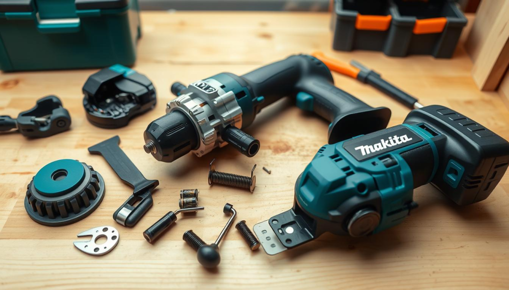 A well-lit, high-angle shot of a Makita impact drill disassembled on a clean, wooden workbench. The foreground features the drill's components, including the motor, gearbox, and brushes, neatly arranged for inspection. The middle ground showcases the drill's housing and trigger mechanism, while the background provides a sense of context, with some basic DIY tools and a toolbox visible. The lighting is soft and diffused, creating a professional, tutorial-style atmosphere, emphasizing the importance of proper maintenance for this powerful power tool.