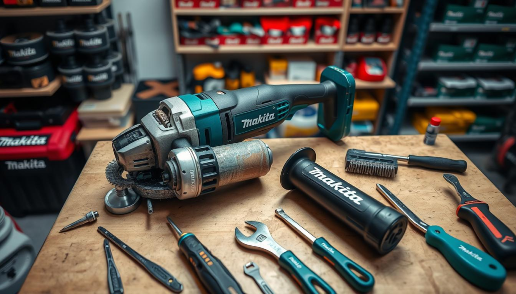 A well-lit, high-angle shot of a Makita power tool being carefully serviced on a workbench. In the foreground, the tool's exterior components are disassembled, revealing its inner mechanisms. The middle ground showcases a variety of Makita-branded maintenance tools, including a screwdriver, wrench, and brush. The background depicts a neatly organized workspace, with shelves of additional Makita products visible. The overall scene conveys a sense of precision, attention to detail, and the importance of proper Makita tool maintenance.