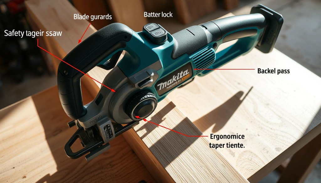 A well-lit, high-angle shot of a Makita reciprocating saw in use, showcasing safety features like the blade guard, trigger lock, and ergonomic handle. The saw is cutting through a wooden beam, casting dynamic shadows across the workbench. The scene has a clean, professional atmosphere, conveying the importance of safety when operating power tools. The focus is on the saw's key safety elements, providing a clear visual reference for the article's "Safety Precautions" section.