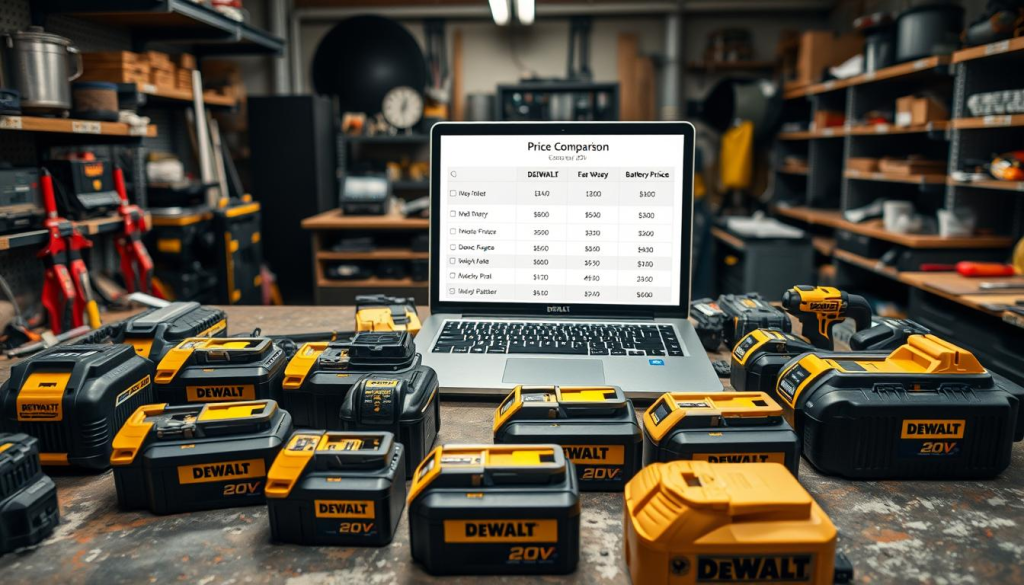 A well-lit, high-angle shot of a cluttered workbench, with various DEWALT 20V batteries prominently displayed in the foreground. The batteries should be arranged in a comparative layout, showcasing their different sizes, prices, and specifications. In the middle ground, a laptop or tablet displays price comparison information, highlighting the value proposition of each battery model. The background should feature a clean, industrial workshop setting, with tools, shelves, and other equipment visible, conveying a sense of professionalism and expertise. The overall mood should be one of informative clarity, allowing the viewer to easily compare and understand the pricing of DEWALT 20V batteries.