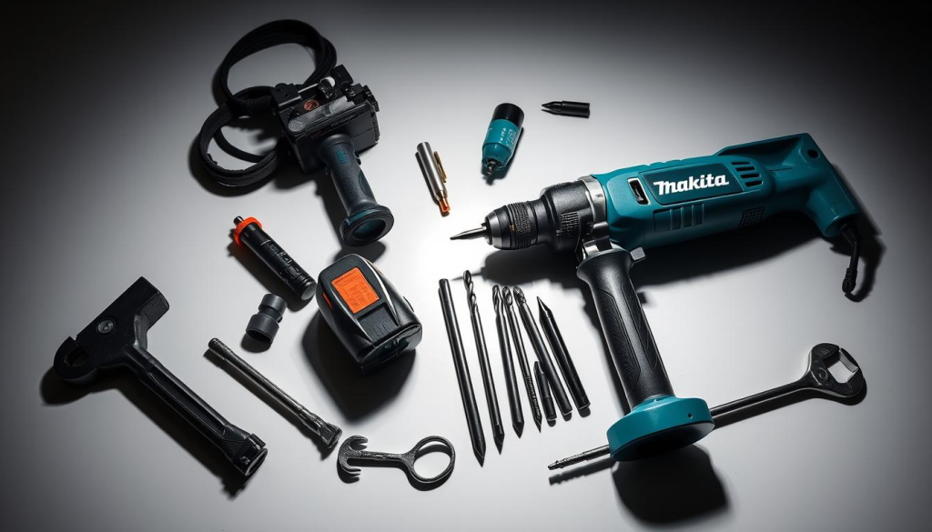 A well-lit, high-angle shot of a collection of Makita hammer drill accessories, including a corded power tool, various drill bits, a wrench, and other essential tools. The accessories are arranged neatly on a clean, reflective surface, casting subtle shadows that add depth and dimension to the scene. The lighting is soft and diffused, highlighting the sleek, professional design of the Makita products. The overall mood is one of precision, efficiency, and the promise of a job well done.