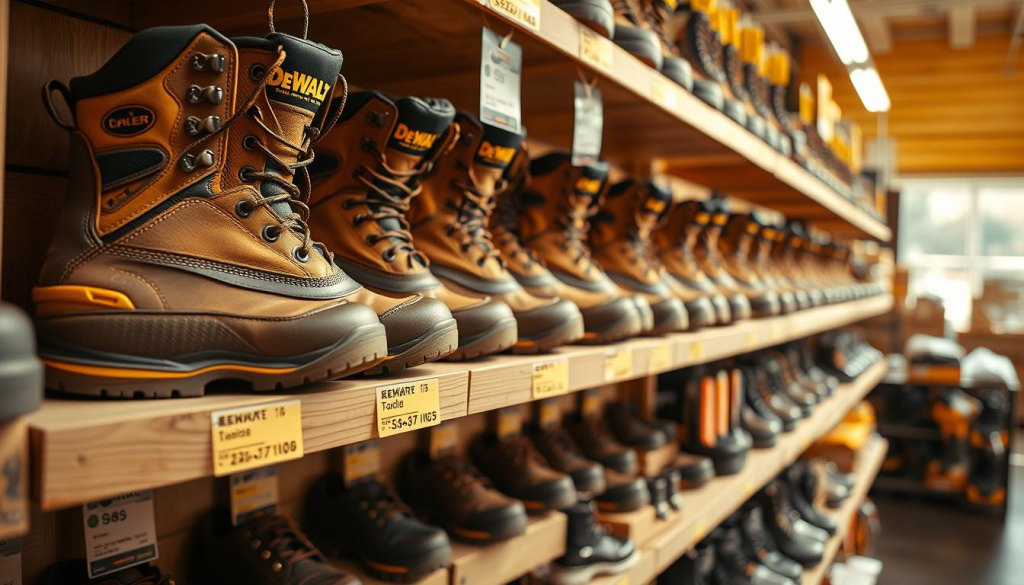 A well-lit, high-angle shot of a display of Dewalt work boots in a hardware store showroom. The boots are arranged neatly on wooden shelves, with price tags clearly visible. The scene conveys a sense of quality, durability, and value. Warm, natural lighting highlights the robust construction and attention to detail of the boots. The background is slightly blurred, keeping the focus on the boots and their pricing information. The overall mood is one of practicality, reliability, and professionalism, reflecting the Dewalt brand ethos.