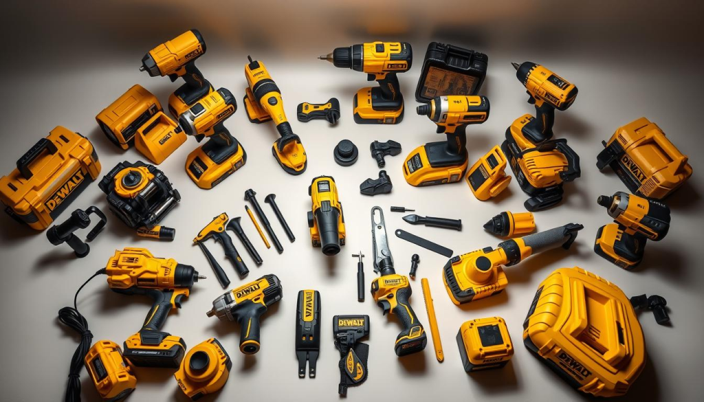 A well-lit, high-angle shot of a diverse arrangement of DeWalt power tools and accessories in the iconic bright yellow color, set against a clean, minimalist background. The tools are displayed in an organized, professional manner, showcasing their sleek design and robust construction. The lighting emphasizes the glossy finish and subtle textures of the tools, creating a sense of quality and attention to detail. The composition draws the viewer's eye to the center, where the most prominent tools are positioned, while the surrounding accessories provide context and a sense of the broader DeWalt ecosystem. The overall tone is one of precision, efficiency, and the reliable performance associated with the DeWalt brand.