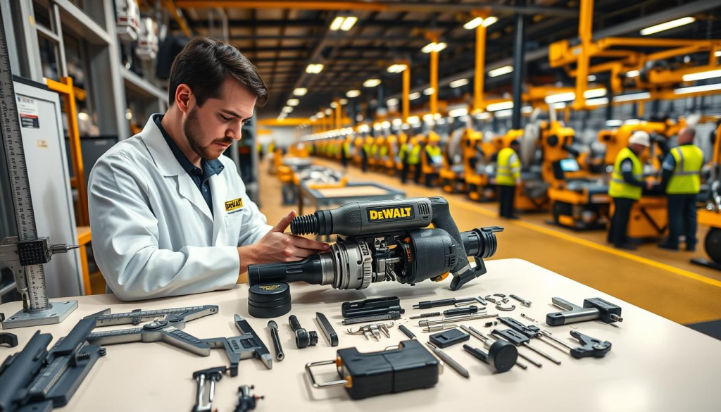 A well-lit, high-angle shot of a professional quality control inspection station at a DEWALT manufacturing facility. The foreground features an array of meticulously calibrated measuring instruments, calipers, and inspection tools arranged on a clean, organized workbench. In the middle ground, a DEWALT power tool, disassembled with its components laid out in precise order, is being thoroughly inspected by a focused, attentive technician wearing a DEWALT-branded lab coat. The background depicts the bustling production floor, with rows of robotic assembly lines and workers in high-visibility vests carefully monitoring the manufacturing process, all under the warm glow of industrial lighting, conveying DEWALT's unwavering commitment to quality and attention to detail.