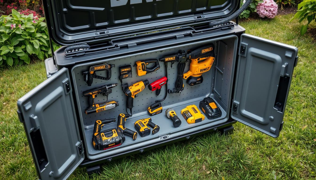 A well-lit, high-angle shot of a rugged DEWALT outdoor storage unit, its sturdy construction and weather-resistant finish on display. The unit is positioned on a grassy surface, surrounded by lush greenery and hints of a garden in the background. The focus is on the storage unit's organized interior, showcasing various DEWALT power tools and accessories neatly arranged on adjustable shelves. The lighting casts gentle shadows, emphasizing the unit's robust design and attention to detail. The overall scene conveys a sense of efficiency, durability, and the importance of properly maintaining outdoor equipment storage solutions.
