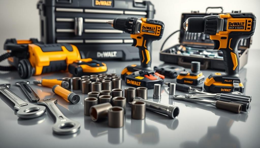A well-lit, high-angle shot of a selection of DeWalt motorcycle tools laid out on a clean, reflective surface. In the foreground, a set of DeWalt wrenches, pliers, and sockets of various sizes. In the middle ground, a DeWalt cordless power drill and impact driver, their sleek black-and-yellow bodies gleaming. In the background, a DeWalt toolbox, its drawers open to reveal an array of specialized motorcycle repair tools. The lighting is soft and diffuse, creating a sense of professional, workshop-ready atmosphere. The overall composition is balanced and visually appealing, showcasing the quality and versatility of the DeWalt tools in a manner that would be suitable for an article on motorcycle maintenance and upgrades.