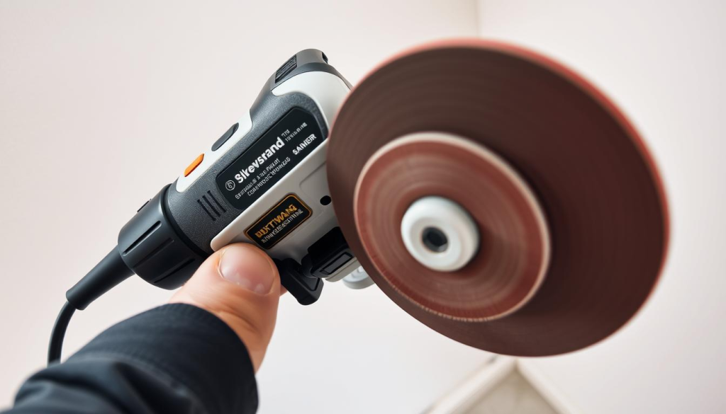 A well-lit, high-angle shot of a variable speed drywall sander in use. The sander is held at a slight angle, revealing its intricate design with multiple speed settings and dust collection features. The foreground shows the sander's ergonomic handle and trigger, while the middle ground captures the sanding disc in action, smoothing the surface of a drywall panel. The background features a clean, minimalist workspace, highlighting the sander's versatility and efficiency. The overall atmosphere conveys a sense of precision, control, and professional-grade performance - reflecting the positive customer reviews and testimonials for this powerful drywall finishing tool.