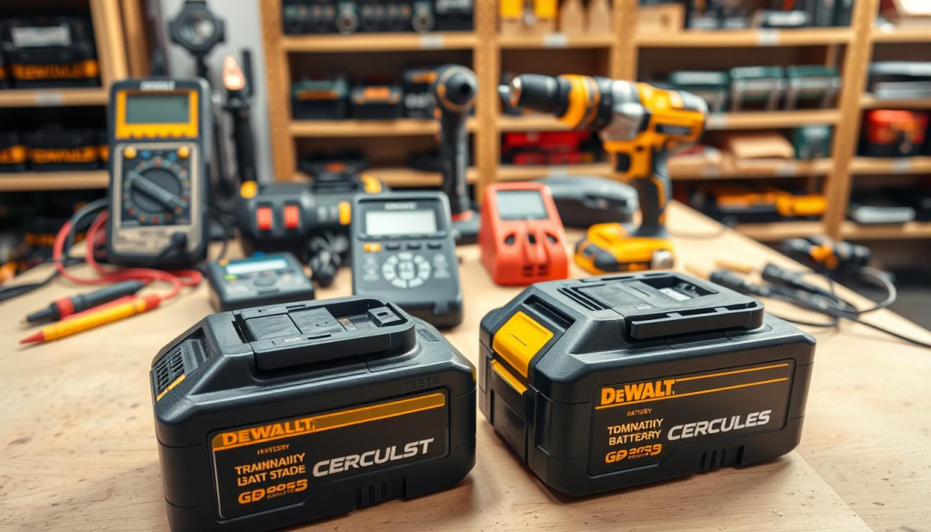 A well-lit, high-angle shot of a workbench showcasing an array of power tools, batteries, and testing equipment. In the foreground, two DeWalt and Hercules batteries sit side by side, their terminals exposed. Behind them, a multimeter and various battery chargers indicate an ongoing compatibility assessment. The middle ground features a set of power tools, including a drill and impact driver, hinting at the application of these batteries. The background is slightly blurred, emphasizing the technical focus of the scene, with shelves of additional batteries and tools visible in the distance, all bathed in a warm, natural lighting.