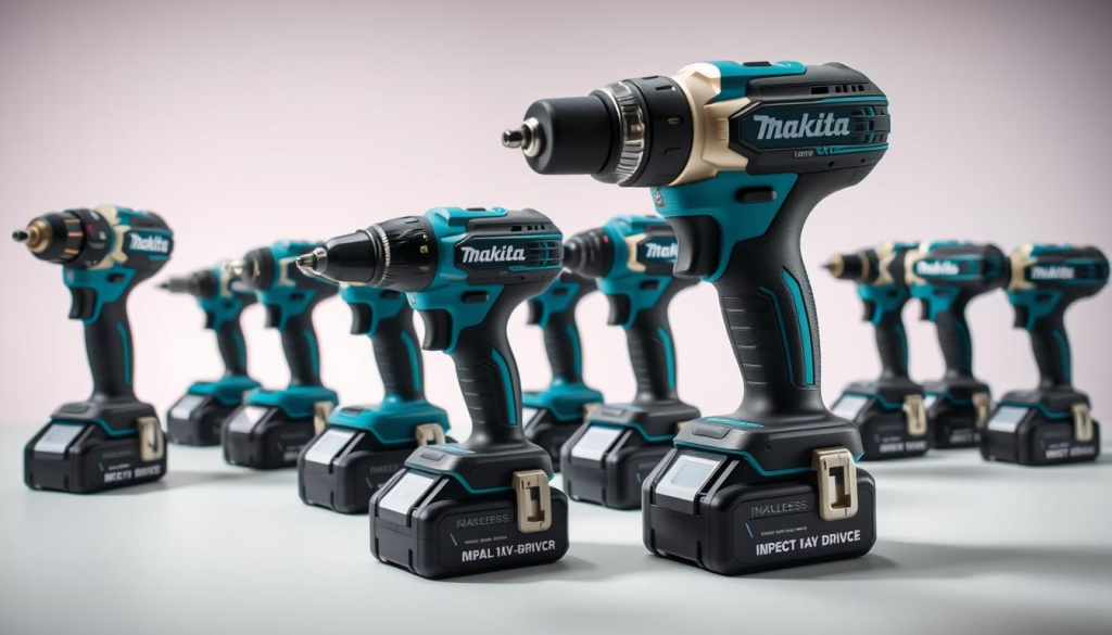 A well-lit, high-angle shot of an assortment of Makita cordless screwdrivers and impact drivers, showcasing their diverse range of models and features. The foreground features the flagship Makita 18V LXT Lithium-Ion Brushless Cordless Screw Gun, its sleek body and ergonomic grip highlighted by soft, directional lighting. In the middle ground, additional Makita screwgun options are displayed, including compact, right-angle, and hex-drive variants, each with unique specifications and applications. The background subtly fades into a clean, minimalist setting, allowing the tools to be the focal point and emphasizing their quality and versatility.