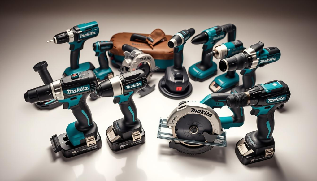 A well-lit, high-angle shot of an assortment of Makita power tools arranged on a clean, reflective surface. In the foreground, a cordless drill, impact wrench, and circular saw stand prominently, their sleek, ergonomic designs and Makita branding clearly visible. In the middle ground, a jigsaw, angle grinder, and rotary hammer drill join the display, showcasing the breadth of Makita's professional-grade lineup. The background features a soft, blurred backdrop, allowing the tools to take center stage and convey a sense of quality, reliability, and technical prowess that has made Makita a trusted brand in the U.S. market.