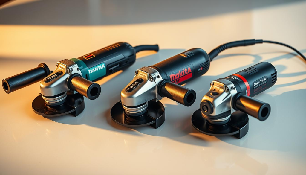 A well-lit, high-angle shot of three prominent power tool grinders from different brands, positioned side by side on a clean, reflective surface. The grinders are shown in crisp detail, allowing for close examination of their design features, size, and build quality. Warm, directional lighting casts subtle shadows, enhancing the three-dimensional form of the tools. The background is slightly blurred, keeping the focus on the grinder comparison. The overall composition is balanced and visually appealing, inviting the viewer to closely inspect and compare the different models.