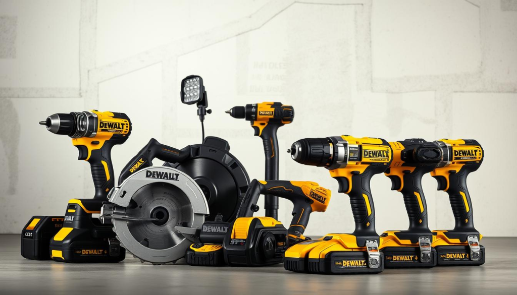 A well-lit, high-angle shot showcasing an array of DEWALT power tools against a clean, industrial background. In the foreground, a brushless hammer drill, circular saw, and impact driver stand out with their sleek black and yellow casings. In the middle ground, a cordless drill and reciprocating saw sit alongside a heavy-duty work light, all radiating a sense of strength and reliability. In the background, the outline of a construction site or workshop hints at the versatility and performance of these DEWALT tools, ready to tackle any project with precision and power.