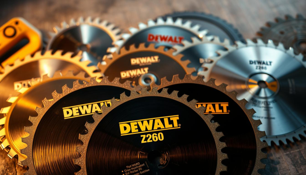 A well-lit, high-angle still life scene showcasing an array of DEWALT Z260 saw blades alongside replacement blades from other leading brands. The DEWALT blades are prominently displayed in the foreground, their sharp teeth and sturdy construction highlighted by warm, directional lighting. In the middle ground, the competitor blades are arranged for easy comparison, their distinct features and designs visible. The background is softly blurred, allowing the tools to take center stage and inviting the viewer to closely examine the subtle differences between the blades. The overall composition conveys a sense of precision, quality, and the careful consideration required when selecting the optimal blade for a given task.