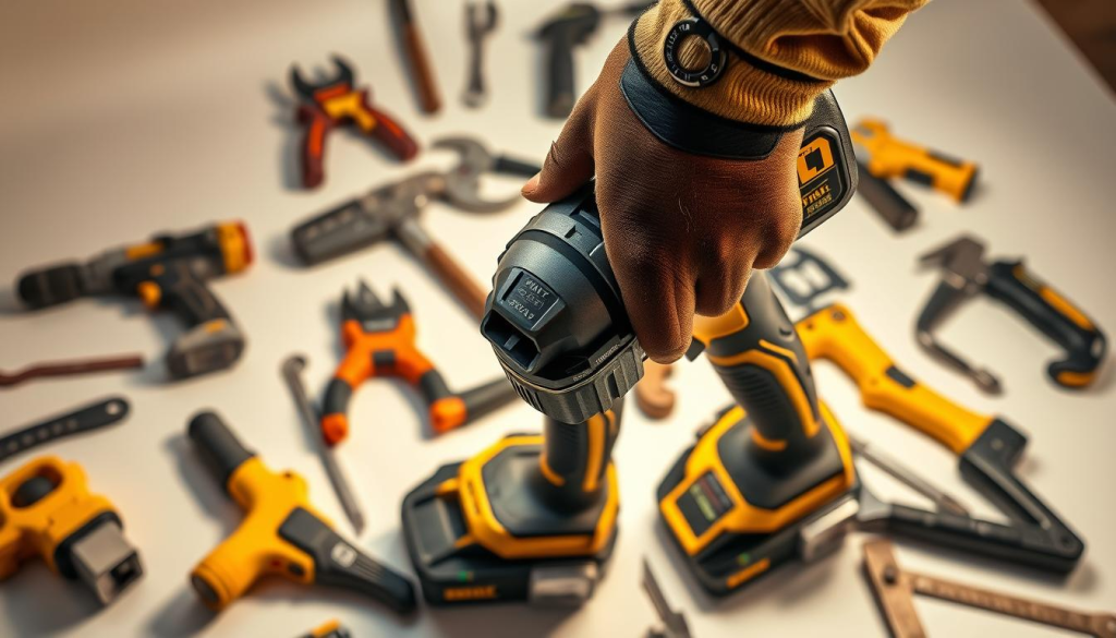 A well-lit, high-angle studio shot of a DEWALT 18V cordless impact wrench in use, surrounded by various hand and power tools commonly used by tradespeople such as carpenters, electricians, and plumbers. The impact wrench is the focal point, showcasing its rugged, ergonomic design and powerful performance. The background features a clean, minimalist setting with a neutral palette, allowing the tools to take center stage. The lighting is warm and directional, creating dramatic shadows that accentuate the impact wrench's form and texture. The composition emphasizes the impact wrench's importance and influence in the power tool industry, reflecting DEWALT's role in shaping the trades.