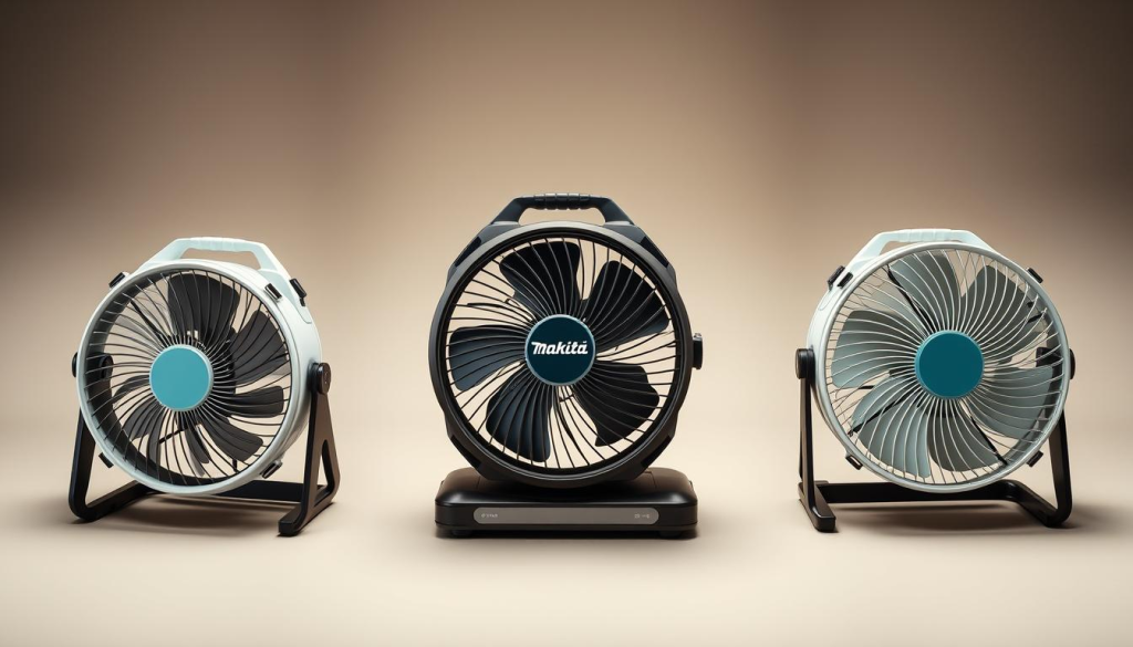 A well-lit, high-angle studio shot of three portable fans lined up in a row, each representing a different brand. The Makita fan is in the center, flanked by the competitors' models on either side. The fans are shown from multiple angles, highlighting their design, build quality, and key features like airflow, noise levels, and battery life. The lighting is crisp and evenly distributed, creating depth and emphasizing the nuanced textures of the fans. The background is a neutral color that allows the products to take center stage, inviting the viewer to closely examine and compare the details of each model.