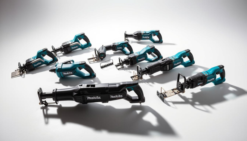 A well-lit, high-angle studio shot showcasing an assortment of Makita Sawzall reciprocating saw models in various colors and sizes. The saws are arranged on a clean, reflective surface, casting subtle shadows. The foreground features the flagship Makita Sawzall model, its sleek, ergonomic body and powerful motor clearly visible. The middle ground includes several other popular Sawzall variants, each with distinct features and design elements. The background subtly fades into a plain, neutral backdrop, allowing the tools to be the central focus. The lighting is balanced, highlighting the tools' quality construction and attention to detail. An overall professional, product-focused atmosphere that effectively showcases the diverse Makita Sawzall lineup.