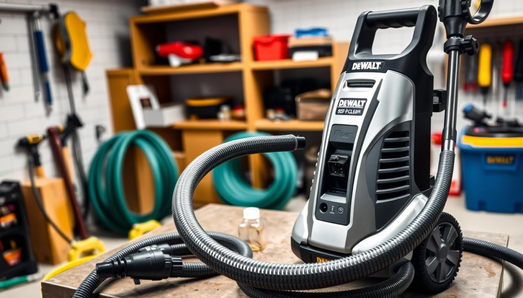 A well-lit, high-angle view of a DEWALT 550 PSI power cleaner setup. In the foreground, the power cleaner is placed on a sturdy work surface, its hose and attachments neatly arranged. The mid-ground features a garden hose connected to the power cleaner's water inlet, and in the background, a clean, organized workspace with shelves and tools. The lighting is bright and even, highlighting the sleek, silver-and-black design of the power cleaner. The overall scene conveys a sense of efficiency, organization, and professional-grade cleaning capabilities.