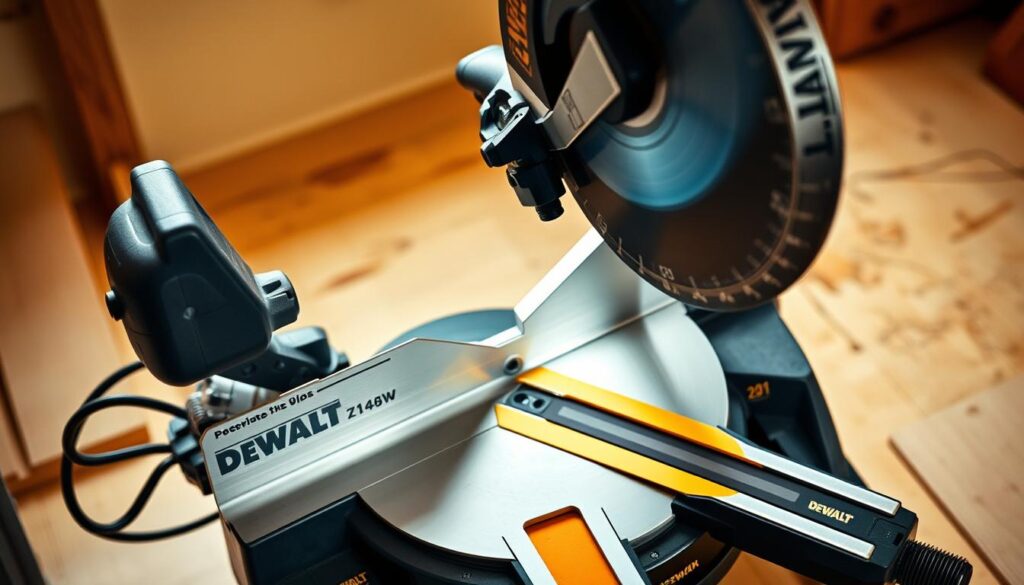 A well-lit, high-angle view of a DEWALT Z148 miter saw, showcasing its precise assembly. In the foreground, the saw's blade and miter adjustment mechanism are prominently displayed, inviting the viewer to explore its intricate workings. The middle ground features the saw's sturdy base and clamping system, demonstrating its stability and ease of use. The background softly blurs, keeping the focus on the saw's core components. The lighting is warm and natural, casting subtle shadows that accentuate the tool's sleek, modern design. An overall sense of professionalism and attention to detail pervades the scene, reflecting the care and expertise required to set up this versatile workshop tool.