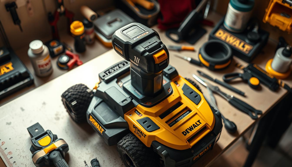 A well-lit, high-angle view of a DEWALT Z260 cordless power tool, showcasing its robust and durable construction. The tool is positioned on a clean, uncluttered workbench, with various maintenance tools and supplies arranged neatly around it. The lighting is warm and natural, highlighting the tool's sleek, black and yellow color scheme. The background is blurred, placing the focus entirely on the DEWALT Z260 and the maintenance process. The scene conveys a sense of professionalism, attention to detail, and a commitment to proper care and upkeep of this reliable power tool.