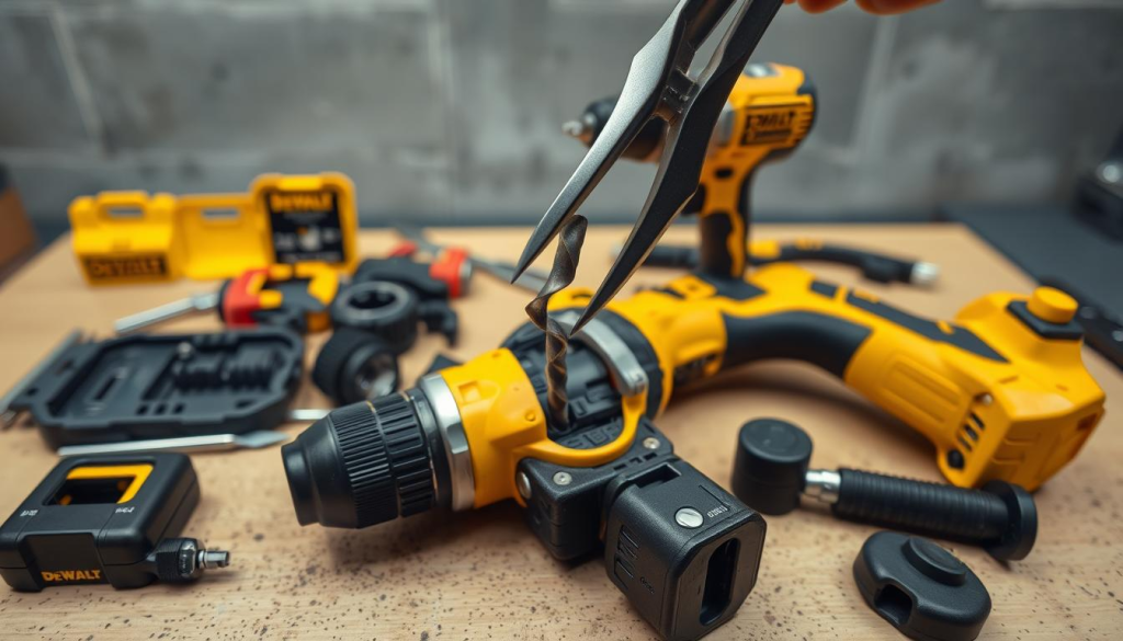 A well-lit, high-angle view of a DeWalt cordless drill disassembled on a workbench. In the foreground, a stuck drill bit is being carefully extracted with a pair of pliers. The middle ground shows various DeWalt drill accessories and tools surrounding the disassembled drill, conveying a professional workshop environment. The background features a clean, minimalist space with concrete walls, emphasizing the focus on the drill troubleshooting process. The overall mood is one of methodical problem-solving, with a sense of technical precision and attention to detail.