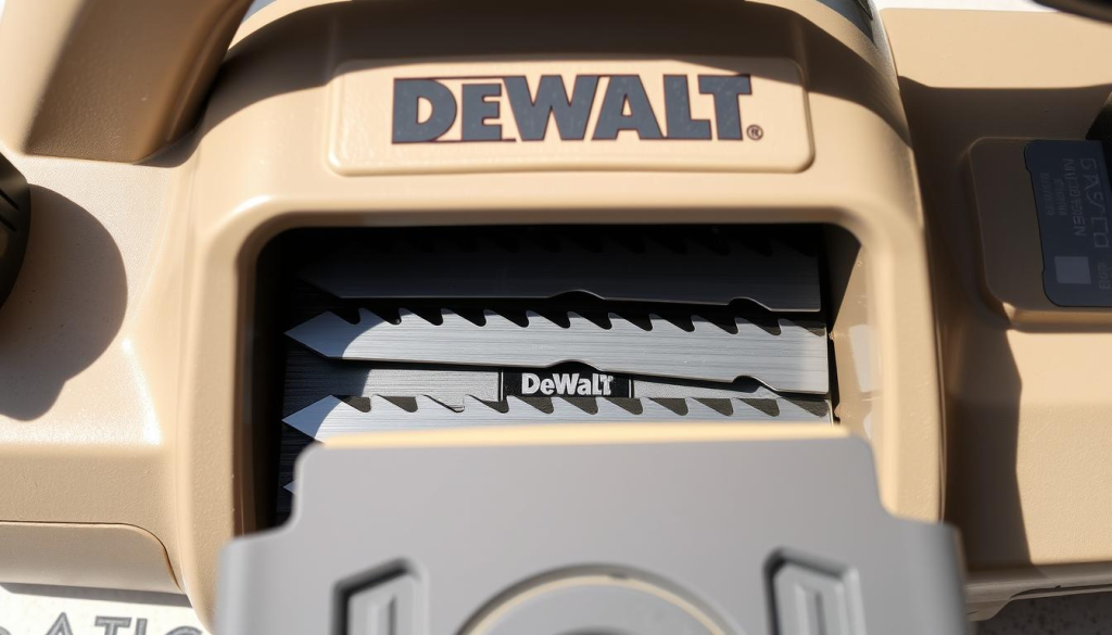 A well-lit, high-angle view of a DeWalt planer with the blade cover open, revealing the metal blades. The blades are the focal point, showcasing their sharp edges, metallic sheen, and precise dimensions. The surrounding area features the planer's body in a muted, neutral color, providing a clean, uncluttered backdrop. The lighting is natural, with soft shadows accentuating the blades' contours. The composition emphasizes the process of blade replacement, capturing the ease and accessibility of this maintenance task.