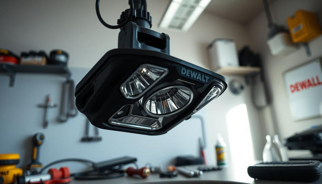 A well-lit, high-angle view of a DeWalt underhood light being serviced, positioned against a clean, organized garage backdrop. The light is partially disassembled, exposing its internal components. Tools and maintenance supplies are arranged neatly nearby. Soft, directional lighting illuminates the scene, highlighting the light's intricate design and construction. The overall mood is one of focused, professional maintenance, conveying the attention to detail required to keep the underhood light functioning at its best.