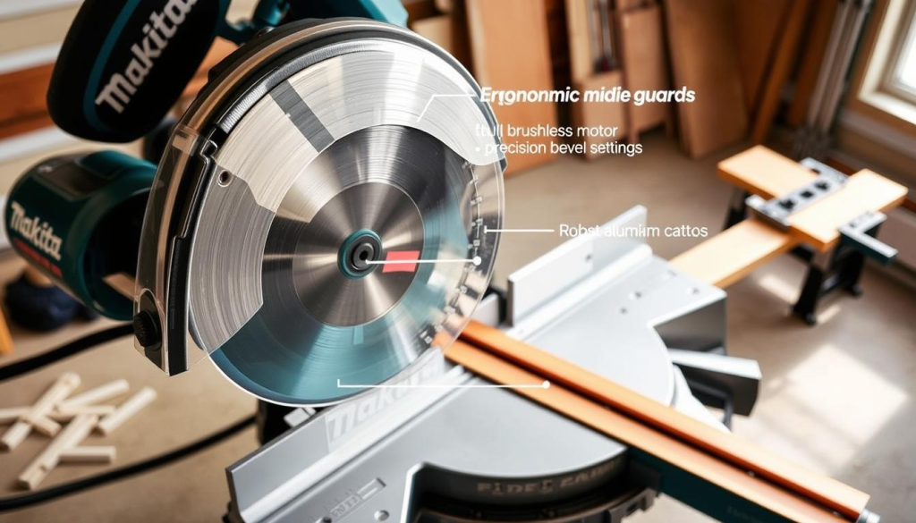 A well-lit, high-angle view of a Makita 10-inch miter saw showcasing its key safety features. In the foreground, a detailed close-up of the saw's sturdy, ergonomic blade guard, designed to shield the user's hands during operation. In the middle ground, the powerful, brushless motor and precision bevel settings, enabling smooth, accurate cuts. In the background, the saw's robust aluminum base and secure workpiece clamps, ensuring stability and control. The scene conveys a sense of quality craftsmanship and a commitment to user safety, complemented by natural lighting and a clean, professional atmosphere.