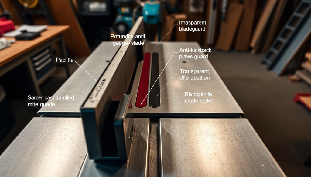 A well-lit, high-angle view of a Makita 2708 table saw showcasing its key safety features. In the foreground, the saw's sturdy cast aluminum base and precision-milled miter gauge slots are prominently displayed. The middle ground reveals the saw's transparent blade guard, anti-kickback pawls, and riving knife - all designed to protect the operator during use. In the background, the saw's powerful 15-amp motor and large work surface provide a sense of its industrial-grade capabilities. The image conveys a sense of reliability, attention to safety, and Makita's commitment to quality power tools for the jobsite.