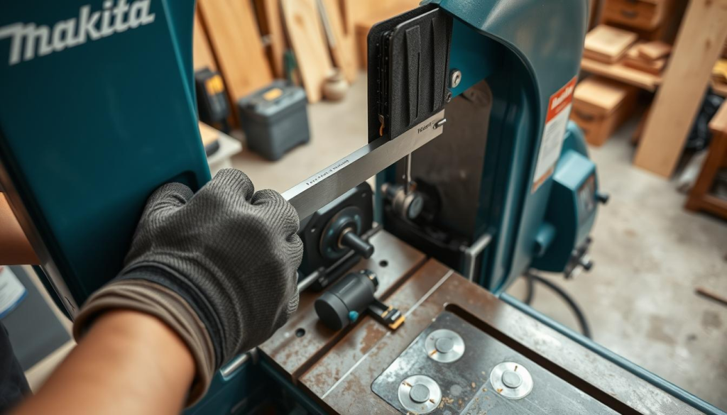 A well-lit, high-angle view of a Makita band saw undergoing routine maintenance. The foreground shows a technician's gloved hands carefully adjusting the blade tension and alignment, while the middle ground reveals the saw's inner mechanisms - the motor, drive system, and blade guides. The background depicts a clean, organized workshop setting, with various woodworking tools and materials visible. The overall scene conveys a sense of precision, focus, and the importance of proper maintenance for the optimal performance and safety of this powerful woodworking tool.