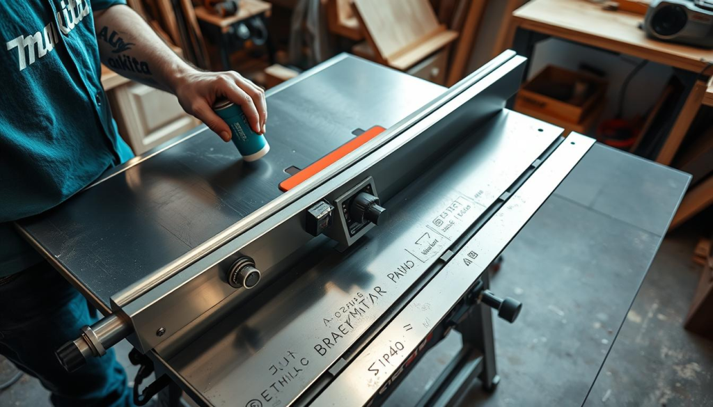 A well-lit, high-angle view of a Makita table saw being meticulously maintained by a skilled woodworker. The saw's gleaming chrome components and sturdy construction are prominently featured, while the worker's hands deftly clean and lubricate the mechanisms. The workshop setting is clean and organized, with various woodworking tools and materials visible in the background. A sense of precision and care pervades the scene, conveying the importance of proper maintenance for this powerful, reliable power tool.
